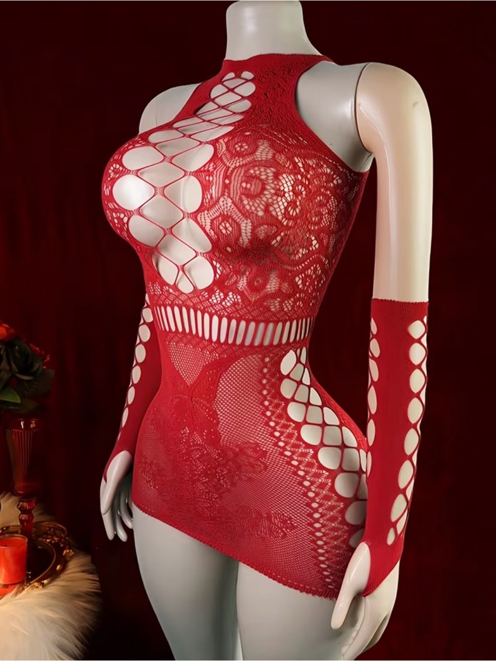 Red Lace Fishnet Bodycon Chemise with Arm Sleeves